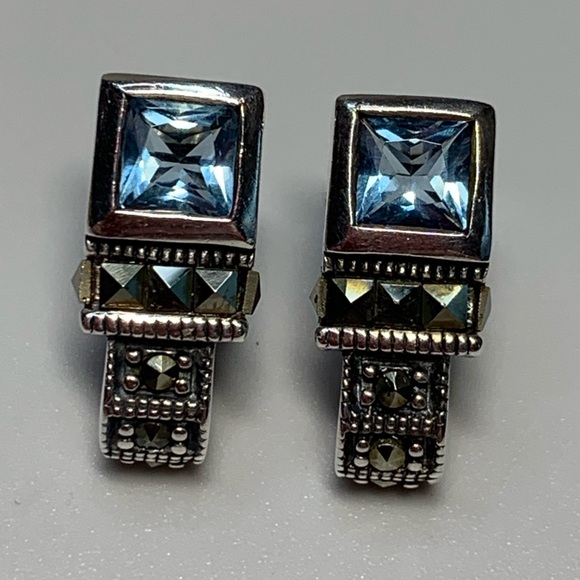 Silpada Vintage Rare Sterling Silver Square Blue Crystal Marcasite Post Earrings - Picture 1 of 14